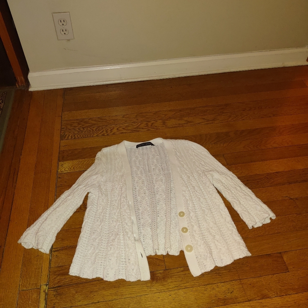 Yansi Fugel White Cable Knit Open Front Cardigan Bell Sleeve Sweater Fits Small